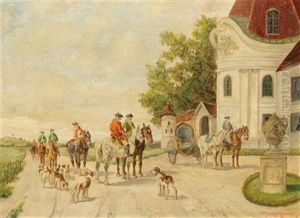 Huntsmen In Front Of Schloss Nymphenburg by Ludwig Mueller-Cornelius