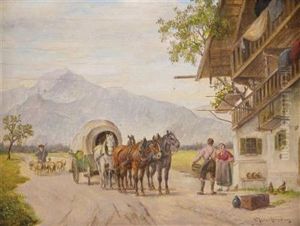 Hirte Mit Schafen Und Pferdefuhrwerk Vor Grosem Bauernhaus by Ludwig Mueller-Cornelius
