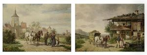 Halt Der Postkutsche Vor Dem Bauernhaus / Bauern Mit Zwei Pferden Vor Dem Stadttor by Ludwig Mueller-Cornelius