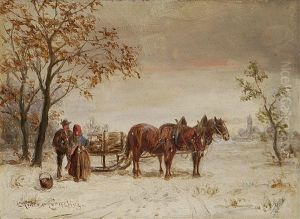 Pferdeschlitten Und Bauernpaar In Winterlandschaft