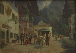 Ankunft Der Postkutsche Vor Wirtshaus Mit Luftl-malerei In Der Gegend Von Mittenwald/oberbayern Ankunft Der Postkutsche Vor Wirtshaus Mit Luftl-malerei In Der Gegend Von Mittenwald/oberbayern