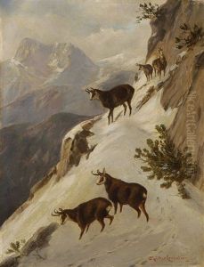 Gamsen Im Winterlichen Gebirge by Ludwig Mueller-Cornelius
