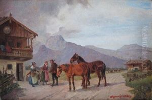 Oberbayerische Dorflandschaft Mit Figurenstaffage Und Pferden by Ludwig Mueller-Cornelius