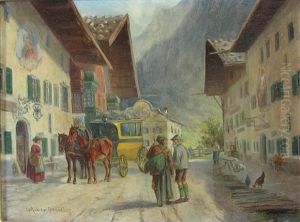 Oberbayerische Strasenansicht Mit Postkutsche Vor Dem Gasthaus Und Personenstaffage by Ludwig Mueller-Cornelius