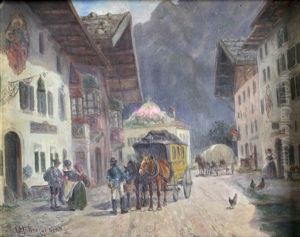 Dorfstrase Mit Rastender Postkutsche Vor Einem Gasthaus