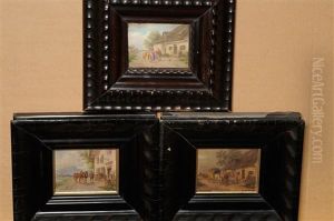 Figures And Horses Outside An Inn (+ 2 Others; 3 Works) by Ludwig Mueller-Cornelius
