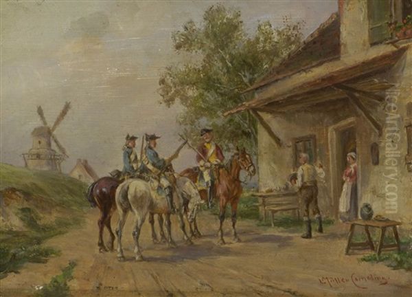 Berittene Soldaten Vor Einem Bauernhaus - view 1