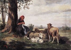 Strickende Schaferin Unter Einem Baum Mit Schafherde Auf Besonnter Weide by Ludwig Mueller-Cornelius