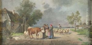 Bauern Im Gesprach Auf Einer Dorfstrasse by Ludwig Mueller-Cornelius