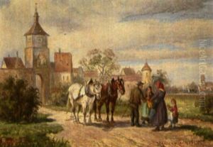 Bauern Mit Zwei Pferden Vor Dem Stadttor