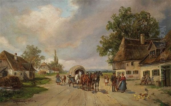 Pferdefuhrwerk Vor Bauernhausern - view 1