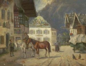 Vor Dem Gasthaus Unterhalten Sich Der Wirt Und Ein Bauer Mit Pferden