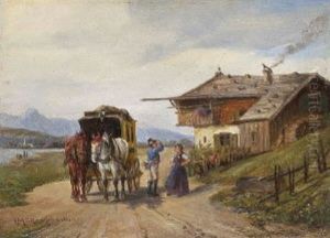 Halt Der Postkutsche Vor Dem Bauernhaus by Ludwig Mueller-Cornelius