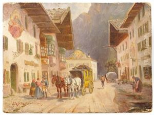 Ankunft Der Postkutsche In Mittenwald, Oberbayern by Ludwig Mueller-Cornelius