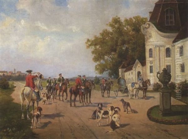 Jagdgesellschaft Mit Hunden Vor Einem Rokoko-schlosschen - view 1