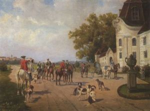 Jagdgesellschaft Mit Hunden Vor Einem Rokoko-schlosschen by Ludwig Mueller-Cornelius