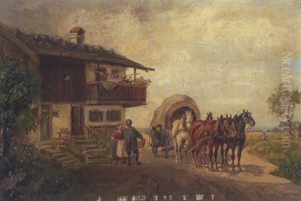 Vierspanniger Planwagen Vor Einem Bauernhaus - view 1