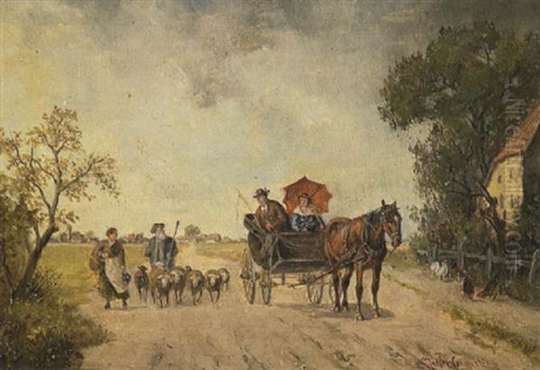 Begegnung Auf Der Landstrase: Ein Schafer Mit Seiner Herde, Eine Marktfrau Und Ein Bauernpaar In Der Kutsche Im Gesprach - view 1