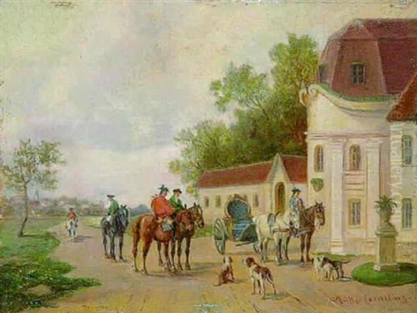 Vor Einem Kavaliershaus Von Schloss Nymphenburg Warten Reiter Und Kutsche - view 1