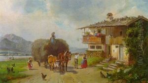 Heufuhrwerk Vor Dem Bauernhaus An Einem Oberbayerischen See by Ludwig Mueller-Cornelius