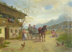 Halt Einer Pferdekutsche Vor Dem Bauernhaus Halt Einer Pferdekutsche Vor Dem Bauernhaus