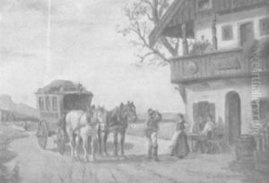 Halt Der Postkutsche Vor Einem Bayrischen Bauernhaus by Ludwig Mueller-Cornelius