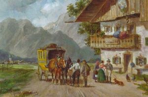 Halt Der Postkutsche Vor Dem Oberbayerischen Bauernhaus by Ludwig Mueller-Cornelius