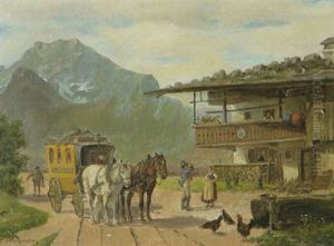 Halt Der Postkutsche Vor Einem Oberbayerischen Bauernhaus by Ludwig Mueller-Cornelius