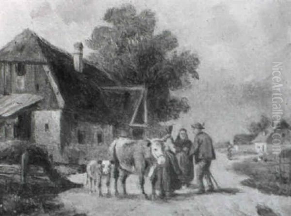Bauerinnen, Bauer Und Vieh Auf Der Dorfstrase - view 1