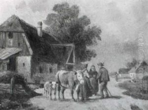 Bauerinnen, Bauer Und Vieh Auf Der Dorfstrase by Ludwig Mueller-Cornelius