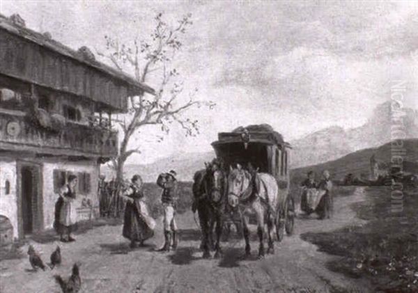 Postkutsche Vor Dem Bauernhaus In Alpenlandschaft - view 1