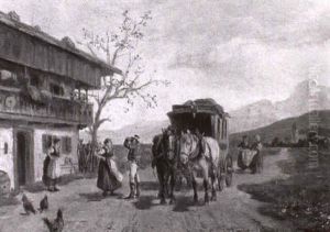 Postkutsche Vor Dem Bauernhaus In Alpenlandschaft by Ludwig Mueller-Cornelius