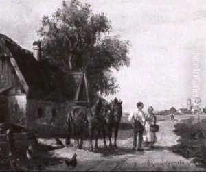 Bauernpaar Und Pferde Auf Der Landstrase Vor Dem Gehoft