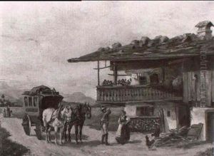 Halt Der Postkutsche Vor Dem Bauernhaus by Ludwig Mueller-Cornelius