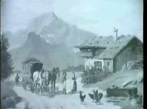Postkutsche Vor Einem Bauernhaus, Bauerin Und Postbote      Einander Gegenuberstehend, Im Hintergrund Berglandschaft