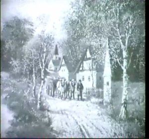 Bauer Mit Ochsengespann Auf Zerfurchter                     Fahrstrasse Vor Herbstilichem Bauerndorf