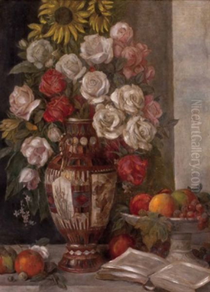 Blumenstillleben Mit Obst Und Buch - view 1