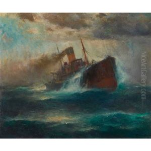 Dampfschiff Auf Sturmischer See by Franz Mueller-Gossen