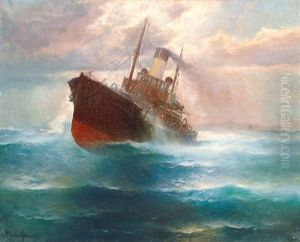 Ship In Turbulent Sea by Franz Mueller-Gossen