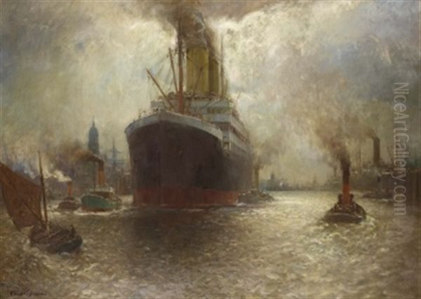 Hamburger Hafen Mit Auslaufendem Dampfer - view 1