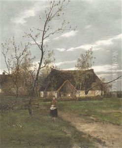 Bauerin Bei Einbrechender Dammerung Vor Dem Haus Bauerin Bei Einbrechender Dammerung Vor Dem Haus