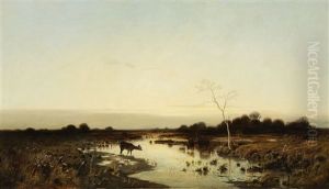 An Evening Panorama With Deer by Konrad Alexander Mueller-Kurzwelly