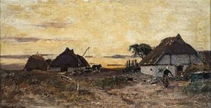 Bauernhauser Am Abendlichen Bodden