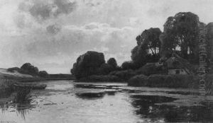 Fluslandschaft Im Mondlicht Mit Reetgedecktem Gehoft