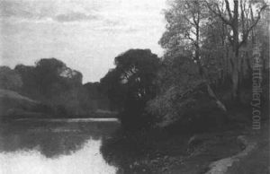 A Wooded Landscape With A Pond In Autumn by Konrad Alexander Mueller-Kurzwelly