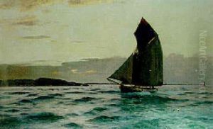 A Fishing Boat Off A Coastline At Sunset A Fishing Boat Off A Coastline At Sunset