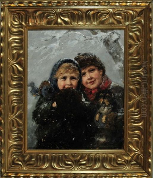 Zwei Kinder Mit Rosigen Gesichtern Und Einem Rauhaardackel Auf Dem Arm In Einer Kalten Winternacht - view 1