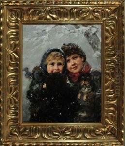 Zwei Kinder Mit Rosigen Gesichtern Und Einem Rauhaardackel Auf Dem Arm In Einer Kalten Winternacht by Albert Mueller-Lingke