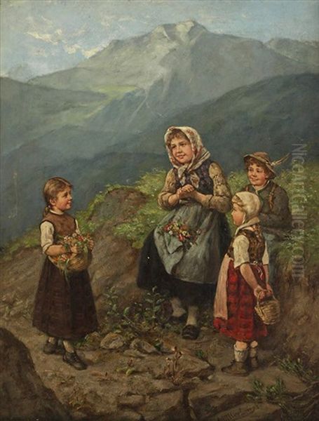 Drei Kinder Auf Wanderweg Im Hochgebirge - view 1