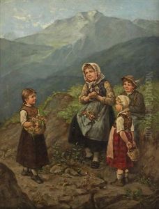Drei Kinder Auf Wanderweg Im Hochgebirge